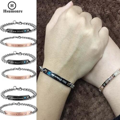 Customized Couple Link Bracelets Rhinestone Love Engraved Matching Titanium Steel Chain Wristbands Promise Valentines-day Gift