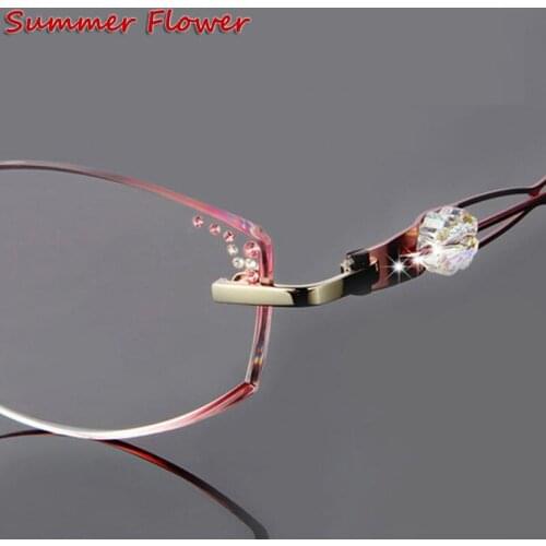 Colored Lenses Rimless Prescription Eye Glasses frames for Women Optical Myopia Spectacles Diamond Glass