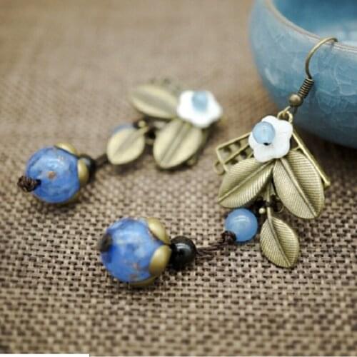 3 Colors copper leaf ethnic jewelry dangle earrings,fashion yellow chalcedony vintage earrings,new nature stones ethnic earrings