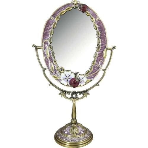 European Antique Bronze with Purple Hand Enameled and Jeweled with 4x6 inches Oval Metal Framed Tabletop Swing Cosmetic Mirror
