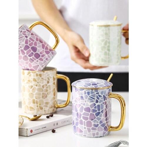 Nordic porcelain mug with lid spoon gold rim ceramic water cup ins style afternoon tea cup coffee mug cup couple water cup