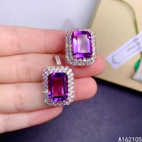 Fine jewelry 925 pure silver Chinese style natural amethyst womens luxury classic rectangle gem pendant adjustable ring set sup