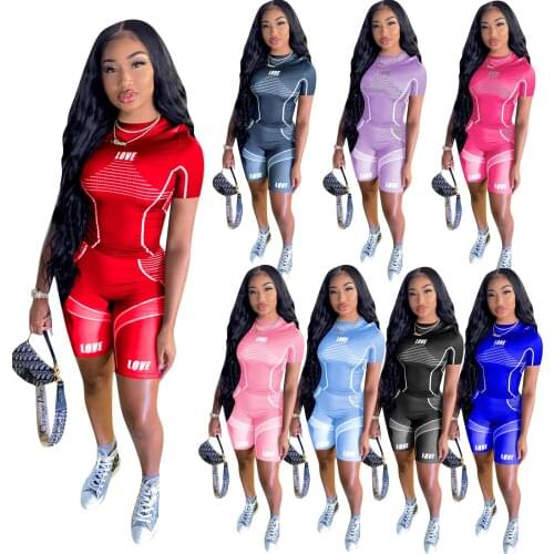 2-piece suit,female printed fashion running, yoga, fitness round neck high waist short sleeve top + shorts, S / M / L / XL / XXL