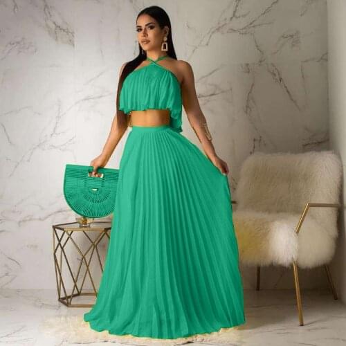Summer Chiffon Two Piece Long Dress Women Elegant 2 Piece Set Crop Top and Skirt Set Sexy Sleeveless Beach Party Outfit