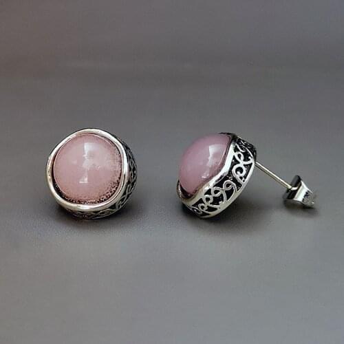 Lovely Small Round Pink Stone Stud Earrings Sweet Ear Jewelry Antique Silver Color Carved Metal Push Back Earrings