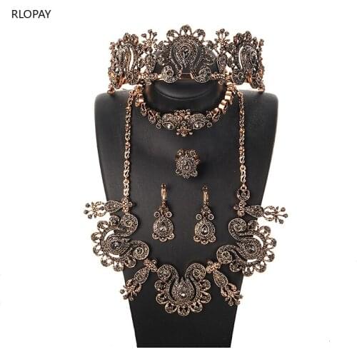 New Turkish Necklace/Earrings/Ring/Bracelet Sets for Women Rhinestone Bridal Costume Jewelry Luxury Wedding Jewelry Sets
