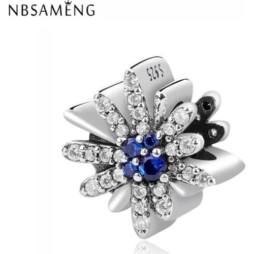 NBSAMENG 100% 925 Sterling Silver Bead Charm Dazzling Fireworks Blue Crystals Charms Beads Fit Original Bracelet Jewelry