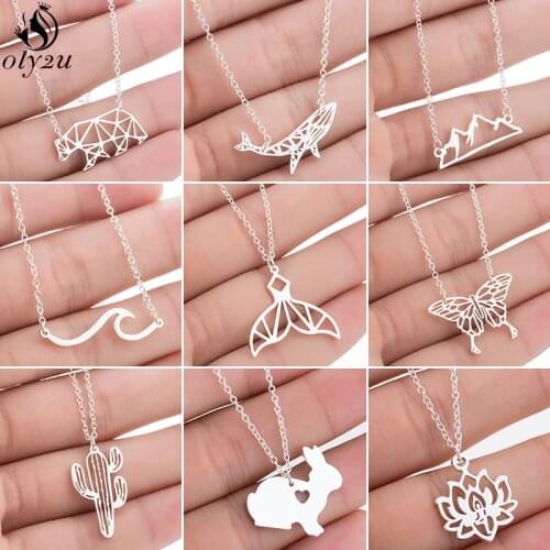 Oly2u Stainless Steel Rabbit Whale Necklace for Women Bijoux Femme Cute Lotus Yoga Wave Butterfly Necklaces Pendant Collier 2020