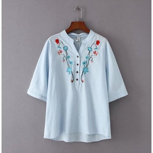 Plus Size White Blue Womens Half Sleeve Cotton Blouse Vintage Floral Embroidery Tops