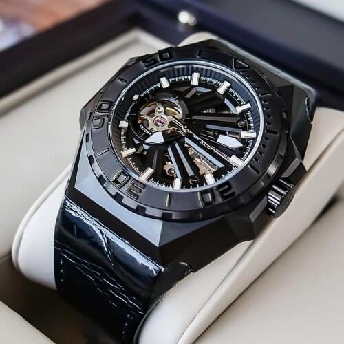 Reef Tiger/RT Leather Strap Men Sports Diver Watch Automatic Mechanical Skeleton Watches Super luminous Sapphire Crystal Watch