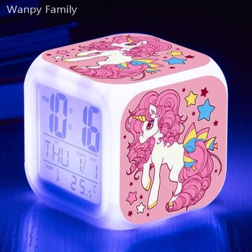 Pretty Pony Unicorn Alarm Clock 7 Color Glowing LED Digital Alarm Clock For Kids Birthday Gift Multifunction Flash Watches Clock
