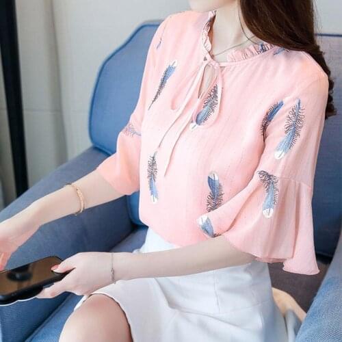 Chiffon Women Summer Lotus Sleeve Loose Blouses Shirts Feather Temperament Tops Half High Collar Casua BlusasMM0161