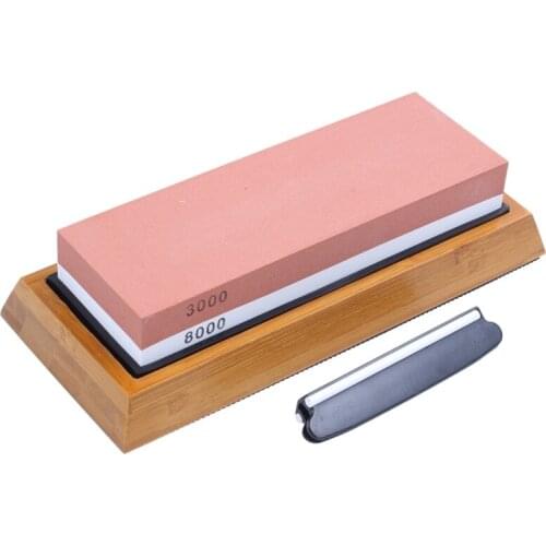 Sharpening Stone 3000 & 8000 Grit - Double Sided Whetstone Set For Knives With Non-Slip Bamboo Base and Free Angle Guide