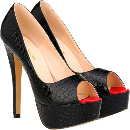 Platform High Heels Pumps New 14cm Sexy Crocodile Pattern Shallow Party Shoes Work Ladies Red Wedding