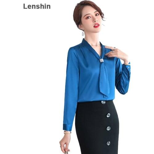 Lenshin High-quality Smooth and Soft Royal Blue Shirt for Women Bow Tie Blouse Elegant Tops Full Sleeve Office Lady Work Wear