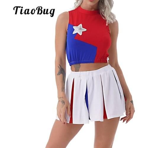 2Pcs Cheerleader Costume Set Women Japanese Schoolgirl Cosplay Uniform Sexy Party Clubwear Crop Top with Mini Pleated Skirt