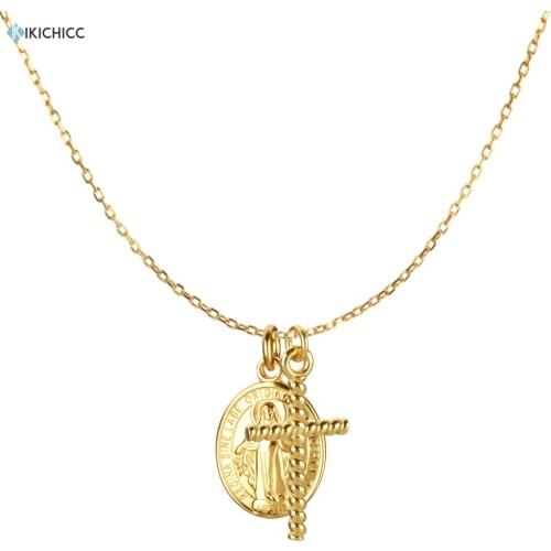 Kikichicc 925 Sterling Silver Rock Punk Cross Oval Women Image Coin Pendant Necklace Long Chain Luxury Crystal Women Jewelry