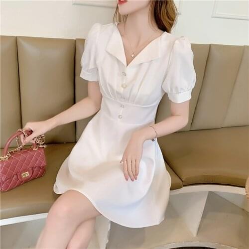 Professional Dress Summer 2021 Women French Lapel White Dress Female High Waist Puff Sleeve Buttons Decoration Short Mini Dress