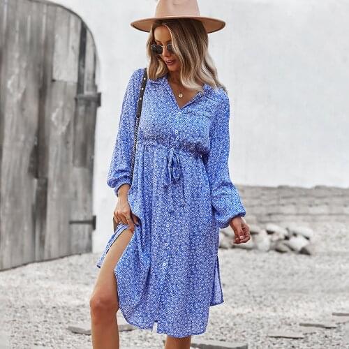 Khalee Yose Floral Print Midi Dress Vintage Autumn Chic Long Sleeve Dresses Women Button Front V-neck Ruffle Female Ladies Dress