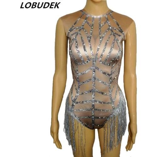 4 Colors Bandage Printing Crystals Fringes Bodysuit Sexy Sleeveless Tassel Leotard Bar Party Nightclub DJ Singer Dancer Costume