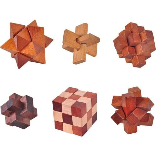 6Pcs/Set Beech 3D Handmade Vintage Ming Lock Luban Lock Wooden Toys Adults Puzzle Children Educational Toys Adult Christmas Gift