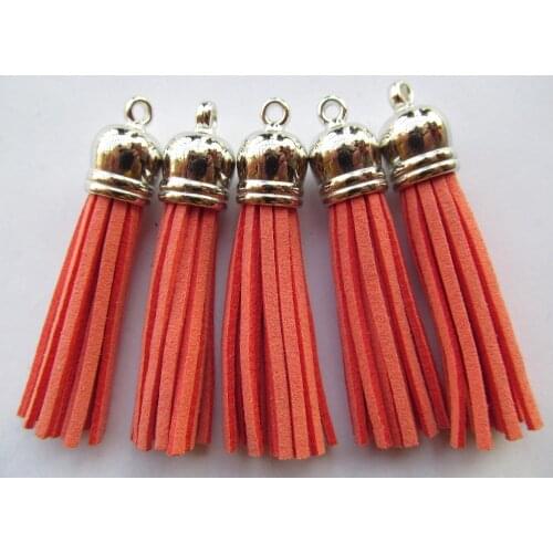 Free Shipping 100Pcs 59mm Orange Red Suede Leather Jewelry Tassel For Key Chains/ Cellphone Charms Top Plated End Caps Cord Tip