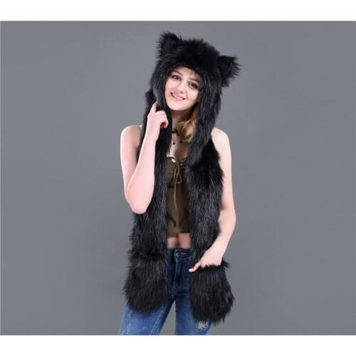 Europe and America Faux Fur Plush Hat Cartoon animal hat hat scarf gloves one cap Winter Faux Fur Hat