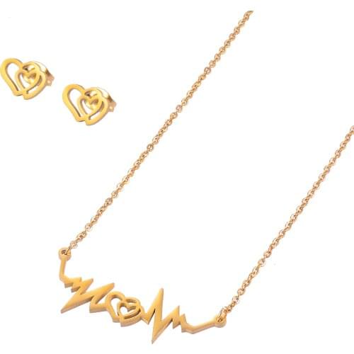 Stainless Steel Womens Earrings Necklace Set Golden Love Heartbeat Pattern High Quality Jewelry