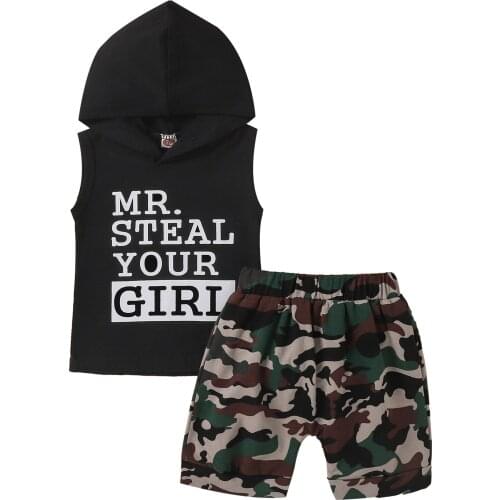2-6Years Boy’s Summer Vest and Shorts Suit Fashion Letter Hooded Sleeveless Tops and Camouflage Short Pants