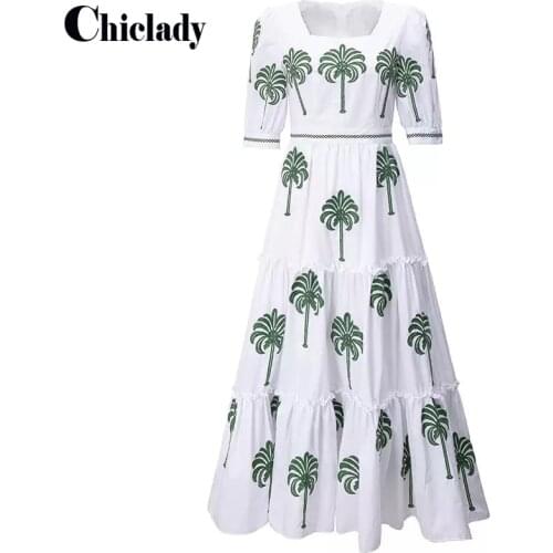 CHICLADY white vintage midi dresses for women floral printed puff sleeve Victorian collar high waist casual loose flower kleid z