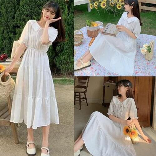 WomenS Short Sleeve Dress Long Pleated Puff Peter Pan Collar Calf-Length Elegant Solid Lace Up Waist Slim Sweet Girls Female