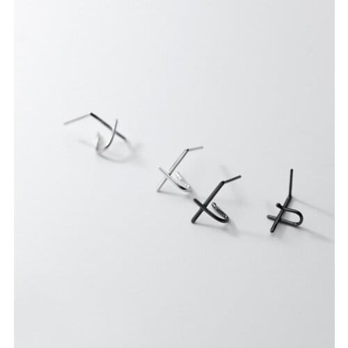 Authentic 925 Sterling Silver Jewelry Black Enamel Cross Line Piercing Ear Stud Ear Earrings Piercing C-G9764