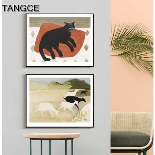 Abstract Nordic Animal Poster N Print Canvas Art Fashion Black Cat Wall Art Picture for Living Room Bedroom Painting Cute Decor