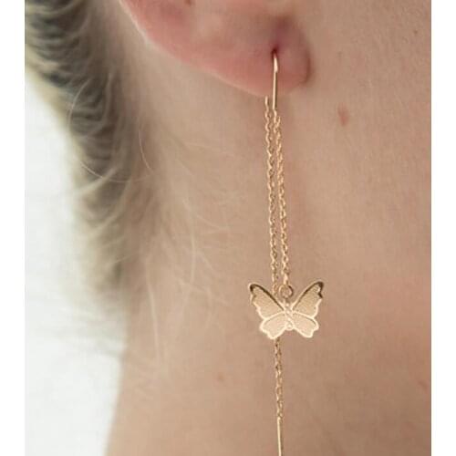 Gold Color Alloy Butterfly Ear Line Chain Hanging Earrings Tassel Drop Earrings For Women Pendientes Brinco Jewelry Gifts