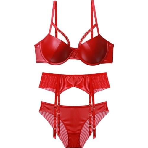 Sexy temptation lingerie sets glossy womens underwear imitation leather PU gather bra panties set lingerie set plus size