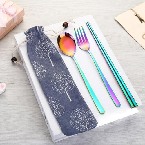 Stainless Steel 304 Food Grade Tableware Korean-Style Square Handle Spork Chopsticks Sets Outdoor Portable Tableware Combination