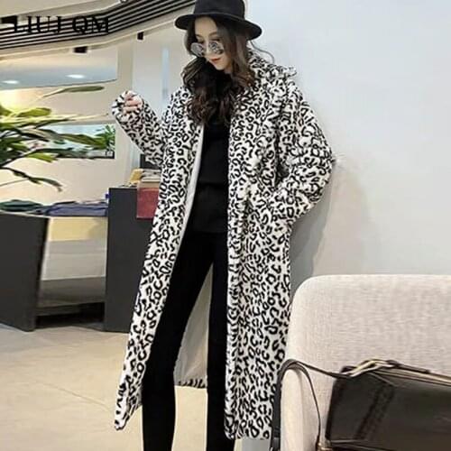 2021 Warm Winter Jacket Coat Women Korean Loose Lapel Faux Fur Coat Mink Velvet Female X-Long Thick Leopard Print Fur Coat Trend