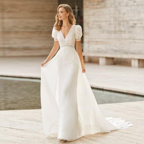 Vintage Straight Mermaid Wedding Bridal Dress 2021 Elegant Chiffon Lace Boho Bride Dresses V-Neck Short Sleeves Summer Vestidos