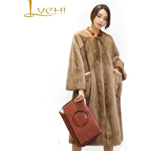 LVCHI 2019 Winter Long Sleeve With Scarf Mink Coats Real Fur Jacket High-Grade Natural Fur Mink Womens O-Neck X-Long Mink Coat