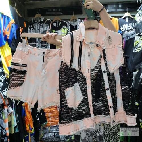 Summer Hot Sale Turn-down Collar Fly Cotton Hole Shorts Suit 2020 New Ladies Mesh Stitching Denim Vest + Casual 2 Piece Woman