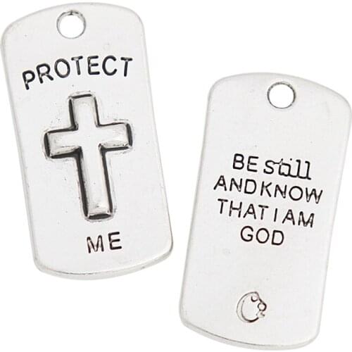 RAINXTAR 10pcs Fashion Dog Tag Charms Protect Me Alloy Cross Charms Be Still And Know That I Am God Charms 15*30mm AAC1275
