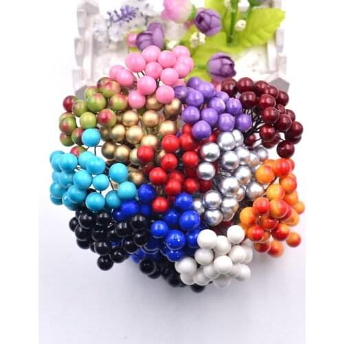 20pcs/40head Pearl Double Head Berries Mini Fake Fruit Berries Artificial Red Cherry Flower Bouquet Stamen Christmas Decorative