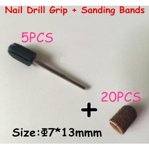 20pcs nail Sanding Bands cap Manicure File Tools +5ps Nail Art Salon Rubber Grip handle Drill Accessories For Nail Drill Machine