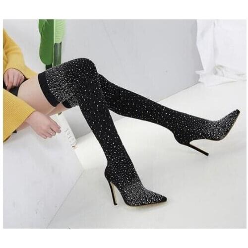 2019 fashion stretch crystal fabric socks boots pointed knee heel thigh high pointed ladies boots
