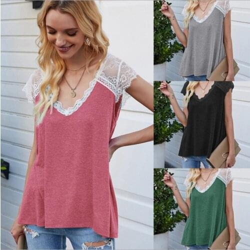 2021 Summer Casual Fashion All Match Simple Stitching Flying Sleeves Eyelashes Lace Multicolor Blouse Loose Vest T Shirt Women