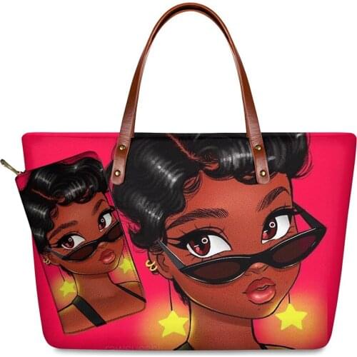 Customzied Brand Luxury Design Handbags Women Black Art African Girl Printing 2pcs/set Hand Bag&Wallet Females Top-Handle Bags
