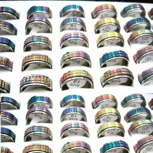 MixMax 50PCs Mens Womens Rings Rainbow Color Stainless Steel Cutting Spinner Fashion Jewelry Bands Party Gifts Wholesale Lot
