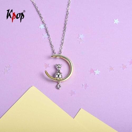 Kpop Cat Kitty Moon Pendants & Necklaces 925 Sterling Silver Cat on the Moon Rainbow Stone Charm Necklace for Women P6010