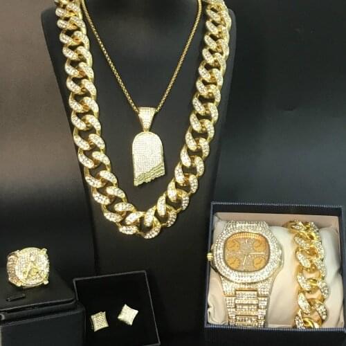 Men Luxury Watch Hip Hop Cuban Watch & Necklace & Pendant & Bracelet & Ring & Earrings Combo Set Pendant Jewelry Set For Men