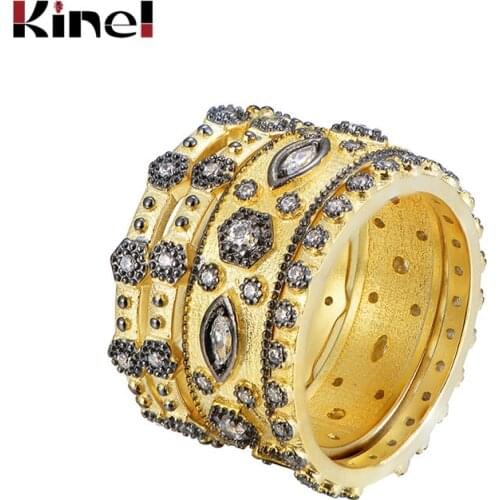 Kinel Europe And America Vintage CZ 4 Piece Set Luxury Plating Gold 925 Sterling Silver Wedding Rings for Women Fashion Jewelry